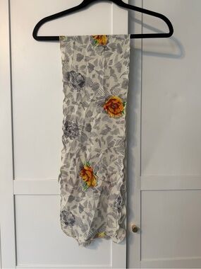 Vintage Floral Rectangle Scarf Made in USA 100% Polyester Ivory Black Orange 50”